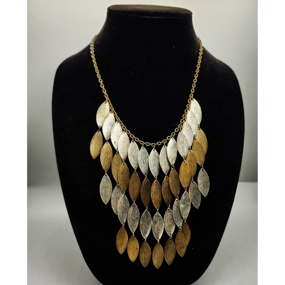 CHICO'S Bib Statement Necklace Mixed Metal Leaf Textured Adjustable Fashion
